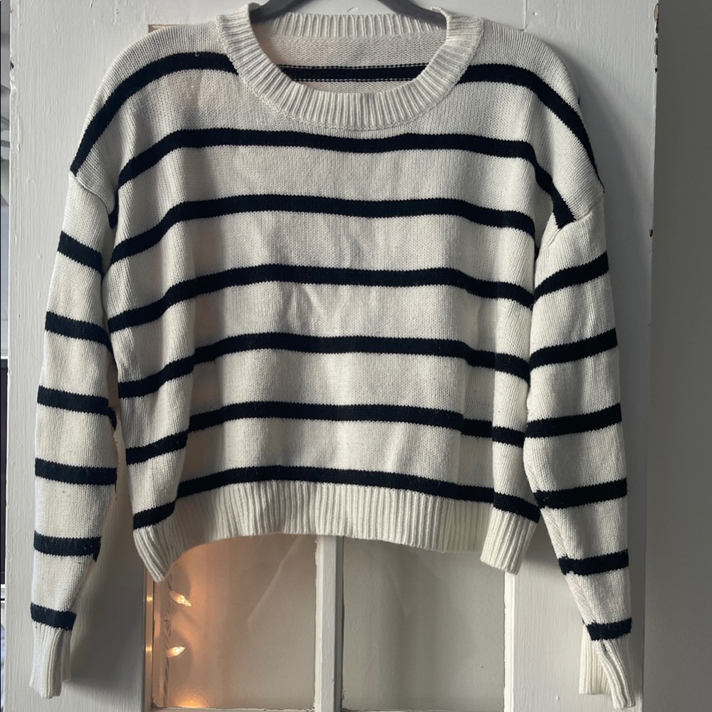 SHEIN Black and White Striped Crew Neck Sweater